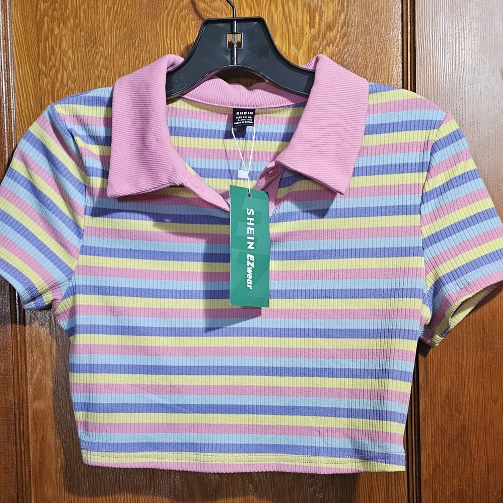 SHEIN Pink and Yellow Striped Crop Top